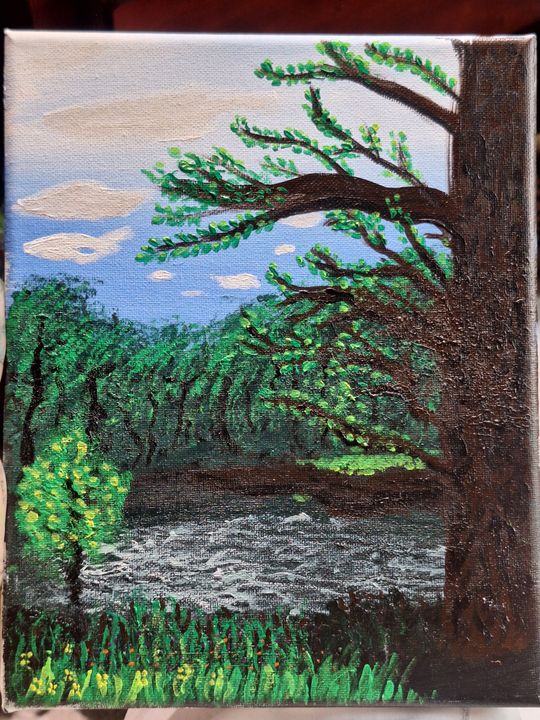 Painting of a pond framed by a large tree and native plants