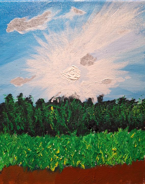 Painting of prairie grasses and a tree line under a bright, flower-like sun