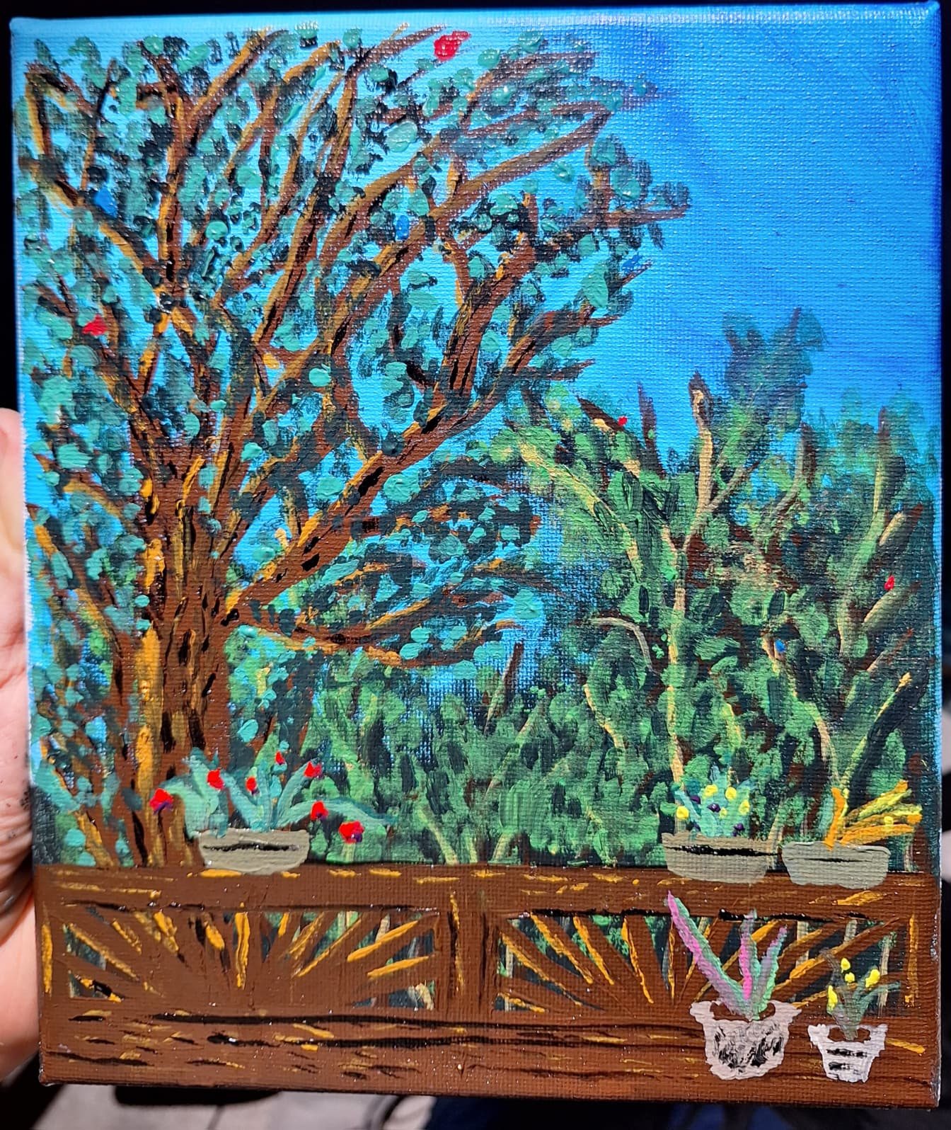 Painting of a big walnut tree seen from a back porch, with tomato plants on the railing